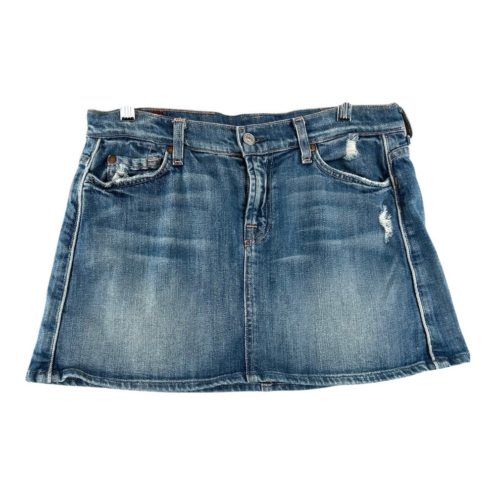 7 FOR‎ ALL MANKIND Distressed Stretch Denim Mini Skirt Womens Size 31 Y2K 90s